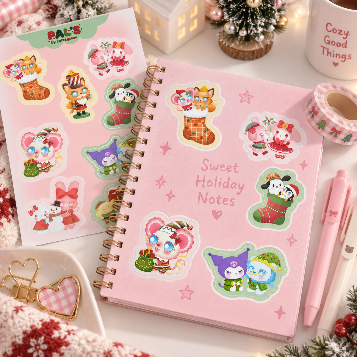 Christmas Friends Waterproof Sticker Sheet | Cute Holiday Vinyl Stickers | Festive Kawaii Planner Stickers