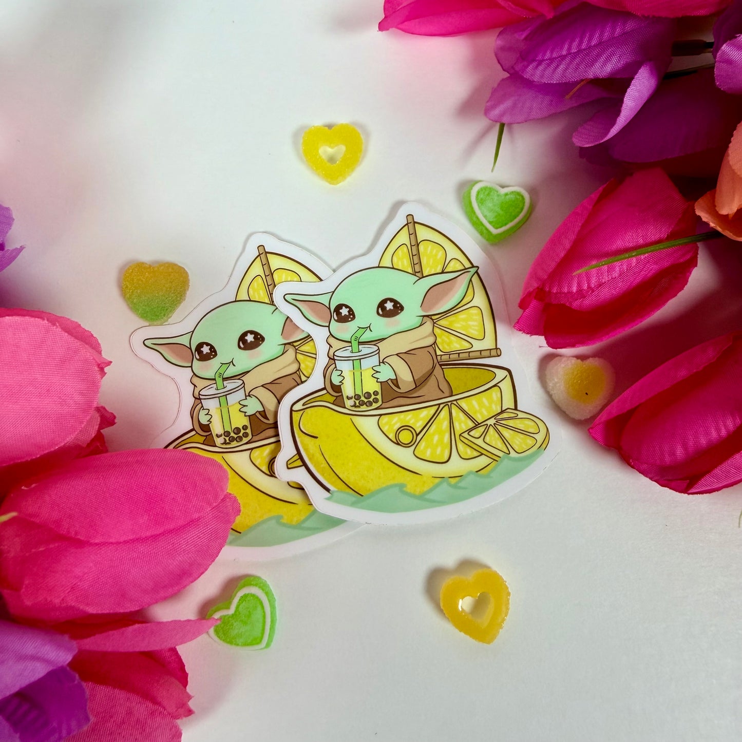 Kawaii Lemon baby yoda Boba Vinyl Sticker – Cute Citrus Waterproof Pastel Decal