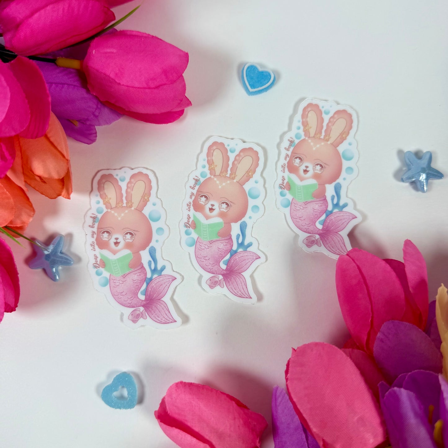 Mermaid Bunny Reading Waterproof Vinyl Sticker | Cute Kawaii Ocean Die Cut Sticker | Book Lover Sticker by CutesyCoco