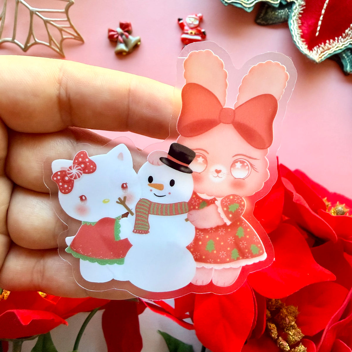 Kitty & Bunny Christmas Sticker – Kawaii Holiday Snowman Vinyl Decal