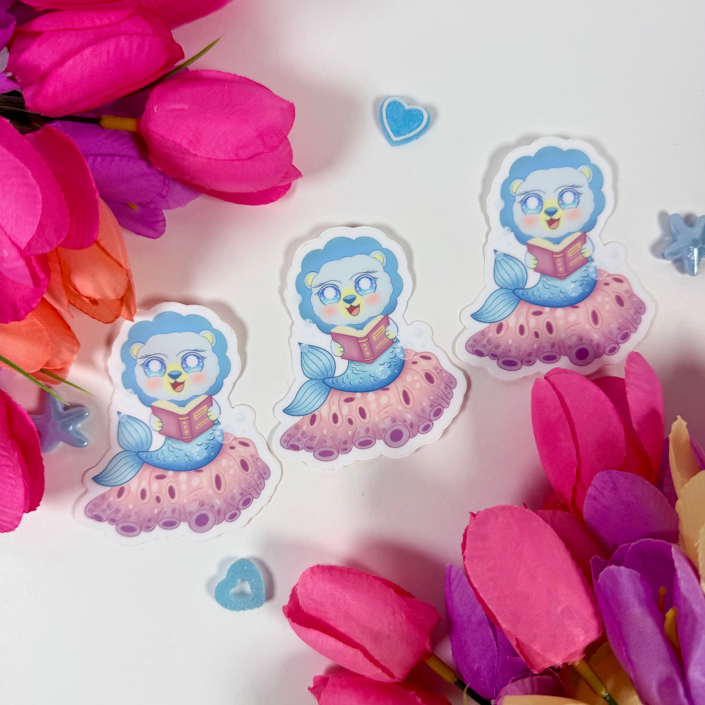 Magical Ocean Mermaid Lion Waterproof Vinyl Sticker | Cute Kawaii Reading Sticker | Ocean Animal Die Cut Sticker