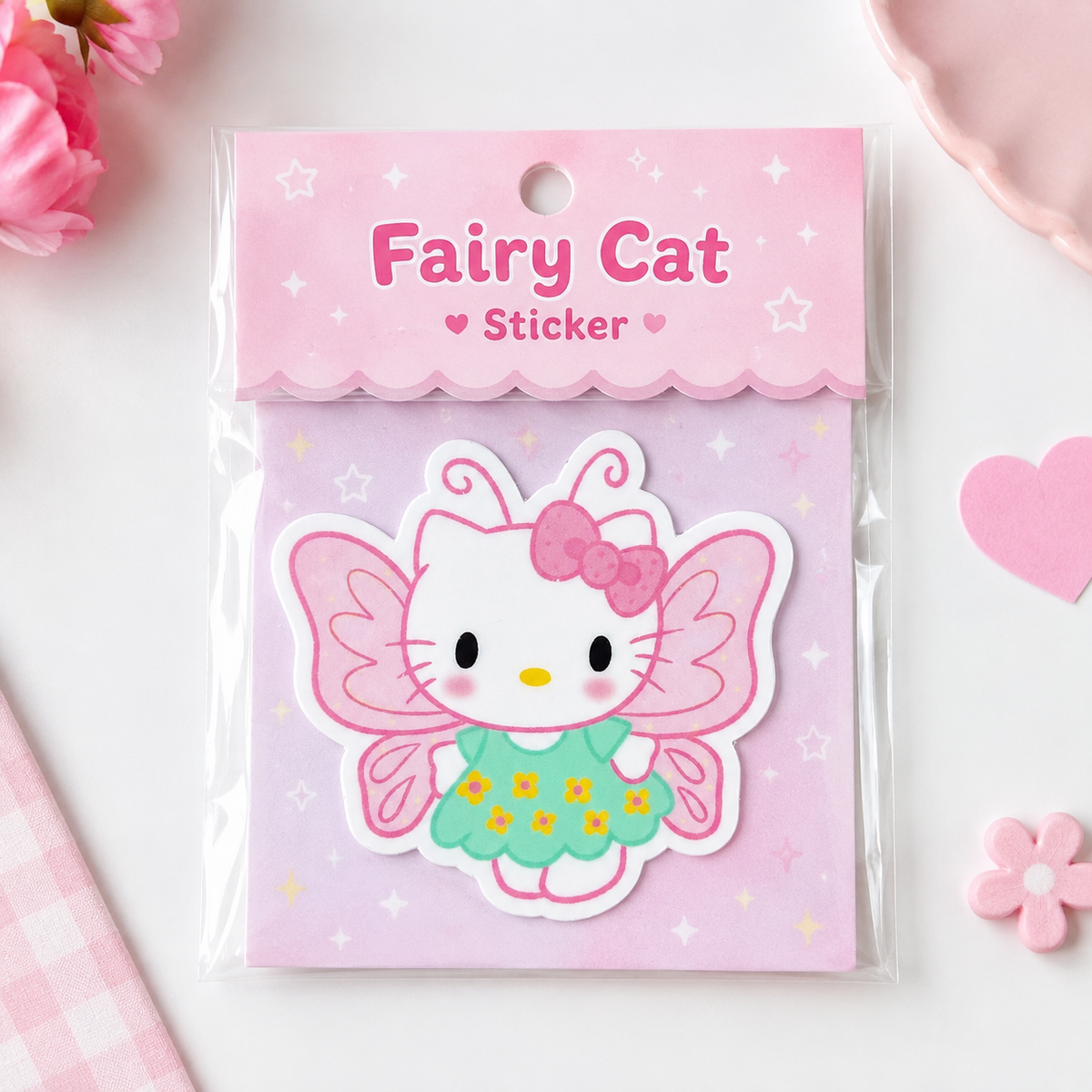 HK Fairy Sticker – Pink Kawaii Butterfly Cat Vinyl Sticker