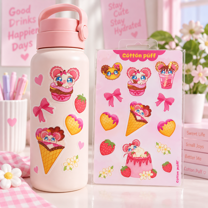 Cotton Puff Strawberry Dessert Waterproof Sticker Sheet | Cute Kawaii Vinyl Stickers