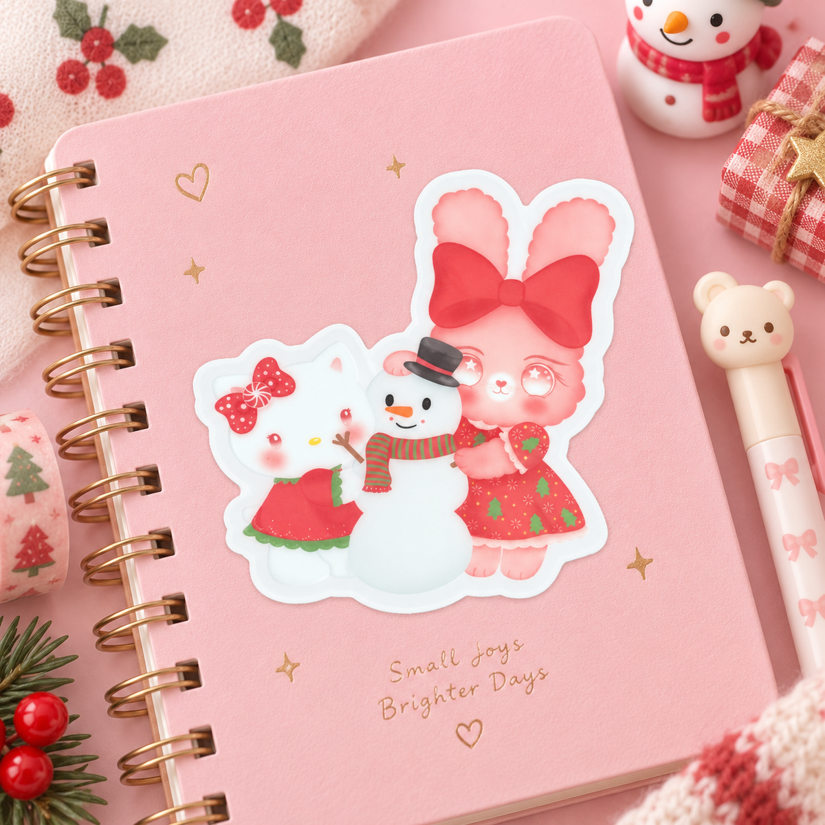 Kitty & Bunny Christmas Sticker – Kawaii Holiday Snowman Vinyl Decal