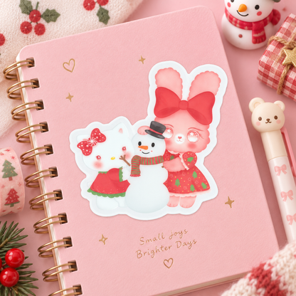 Kitty & Bunny Christmas Sticker – Kawaii Holiday Snowman Vinyl Decal