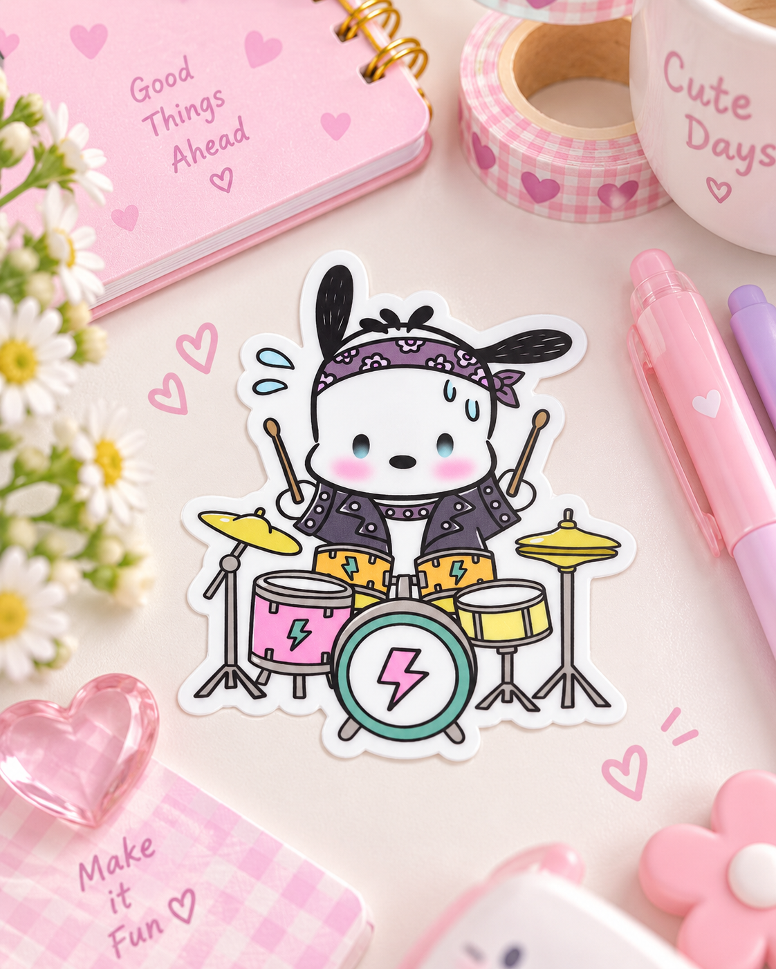 Pocha Drummer Kawaii Rock Sticker