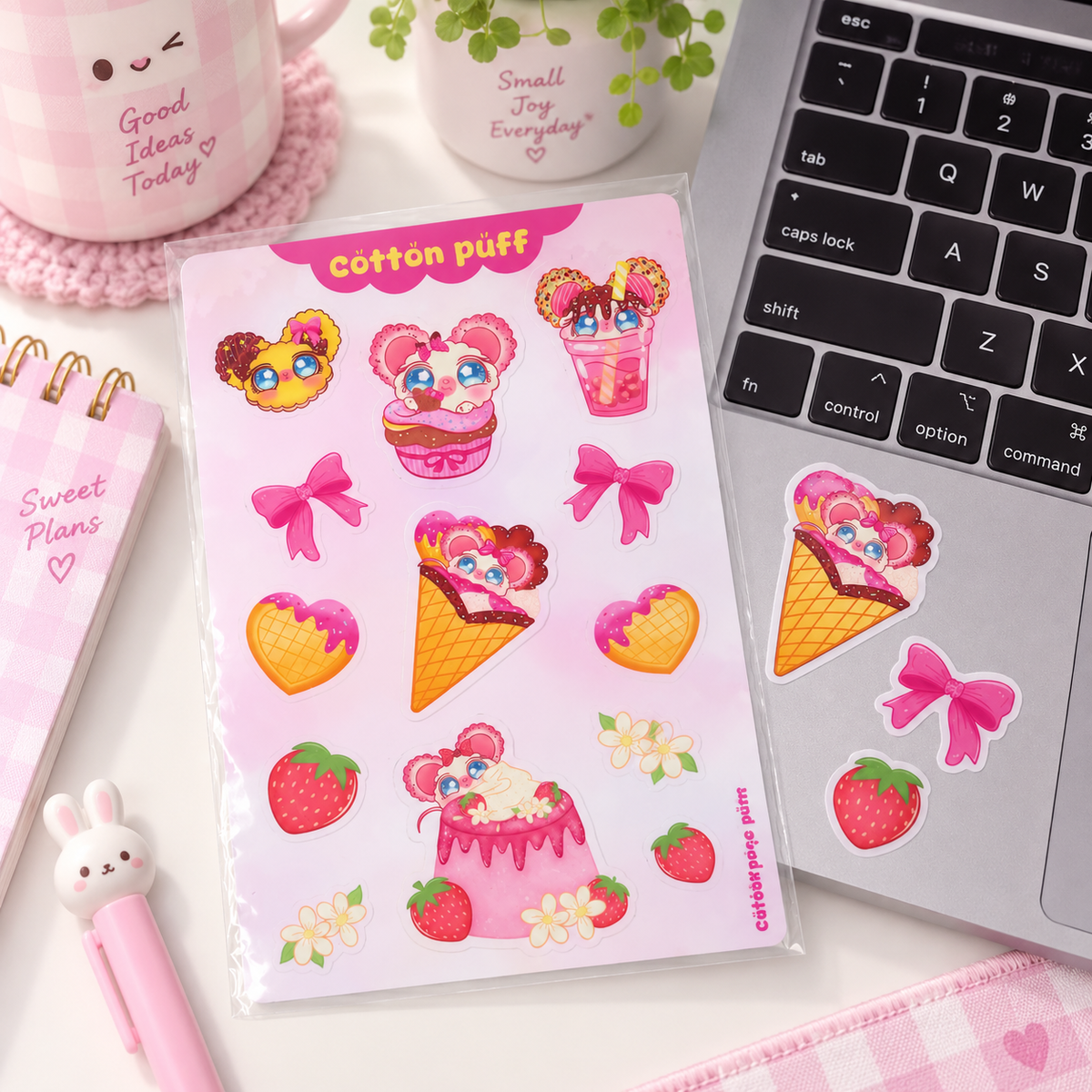 Cotton Puff Strawberry Dessert Waterproof Sticker Sheet | Cute Kawaii Vinyl Stickers