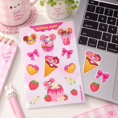 Cotton Puff Strawberry Dessert Waterproof Sticker Sheet | Cute Kawaii Vinyl Stickers