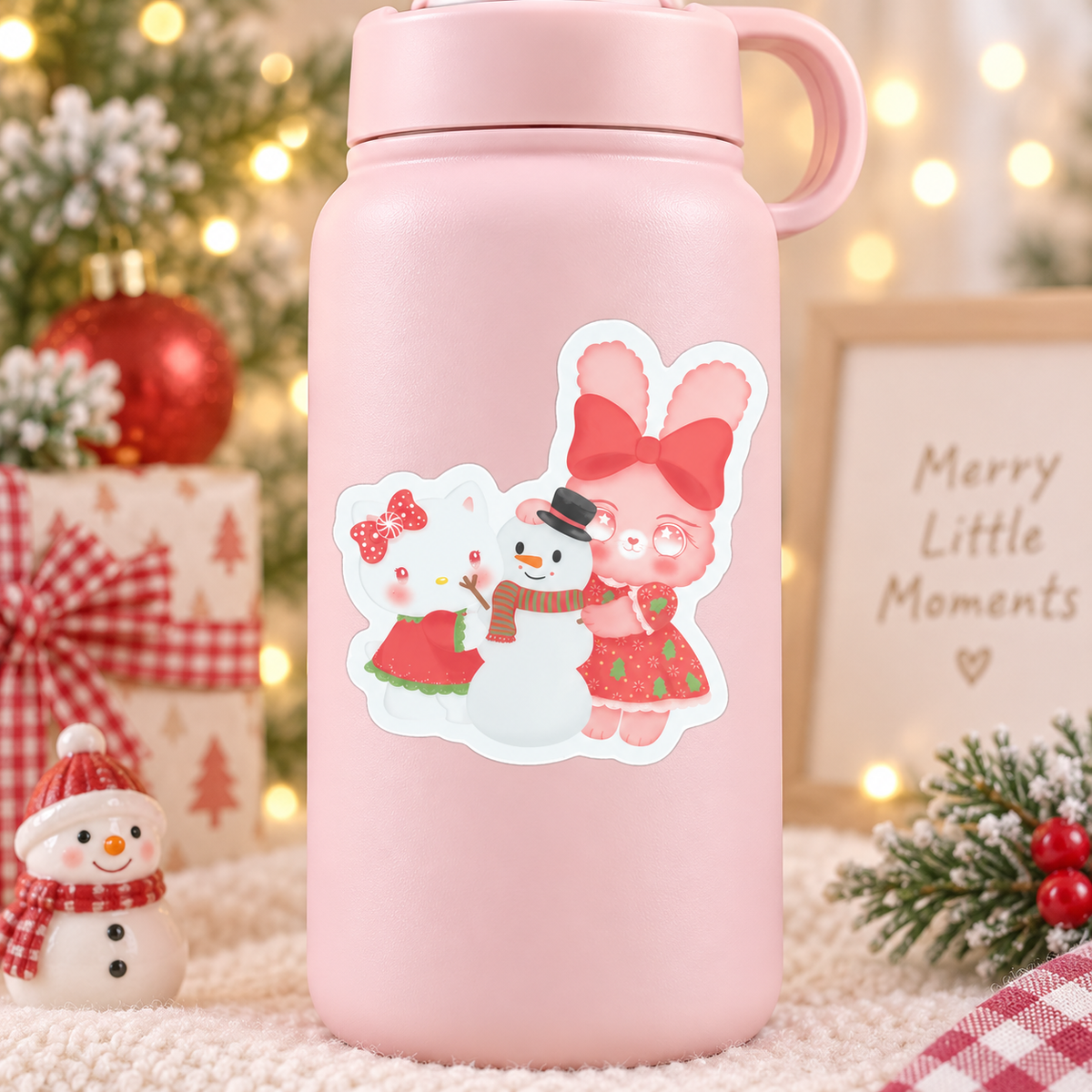 Kitty & Bunny Christmas Sticker – Kawaii Holiday Snowman Vinyl Decal