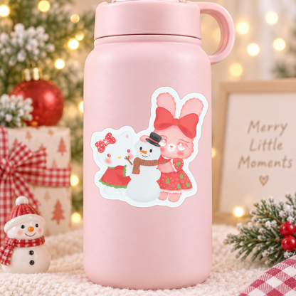 Kitty & Bunny Christmas Sticker – Kawaii Holiday Snowman Vinyl Decal