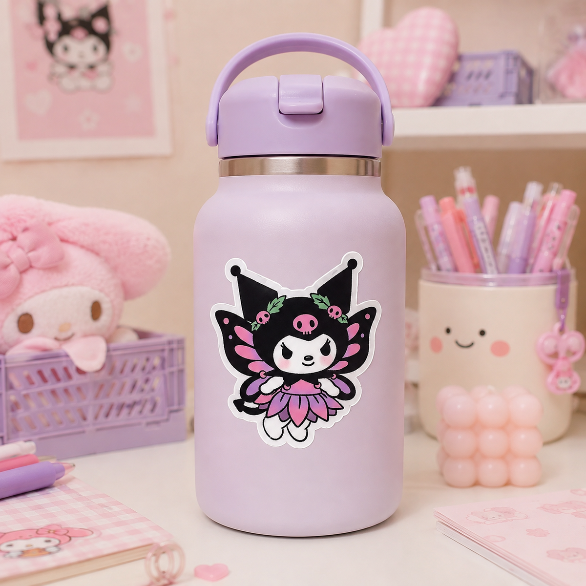 Kawaii goth fairy waterproof sticker in pink purple and black with jester and skull details