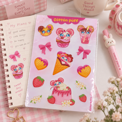 Cotton Puff Strawberry Dessert Waterproof Sticker Sheet | Cute Kawaii Vinyl Stickers