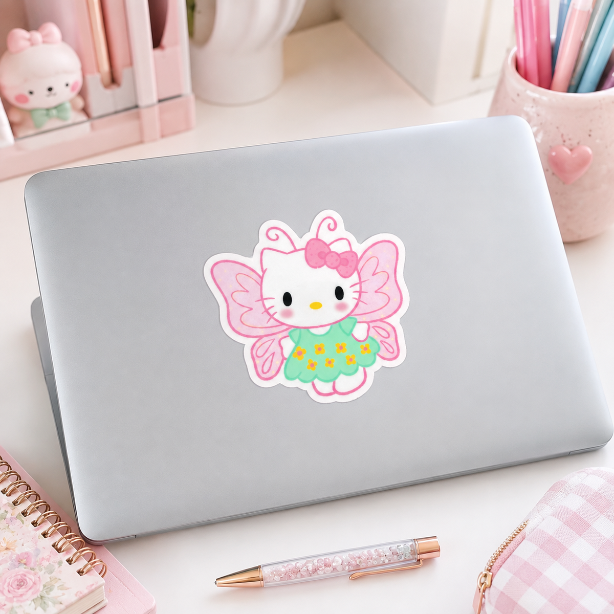 HK Fairy Sticker – Pink Kawaii Butterfly Cat Vinyl Sticker