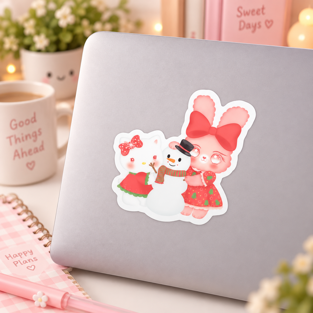 Kitty & Bunny Christmas Sticker – Kawaii Holiday Snowman Vinyl Decal