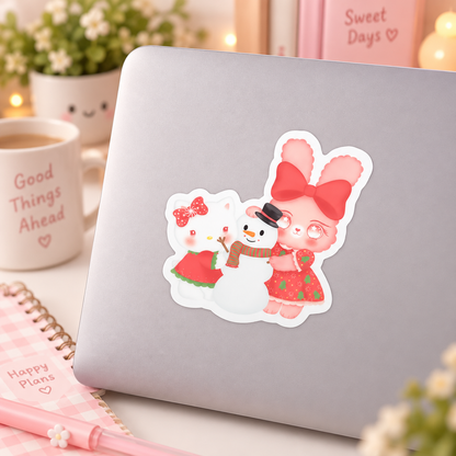 Kitty & Bunny Christmas Sticker – Kawaii Holiday Snowman Vinyl Decal