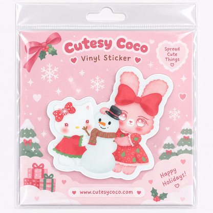 Kitty & Bunny Christmas Sticker – Kawaii Holiday Snowman Vinyl Decal