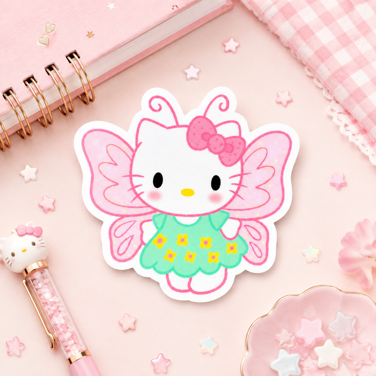 HK Fairy Sticker – Pink Kawaii Butterfly Cat Vinyl Sticker