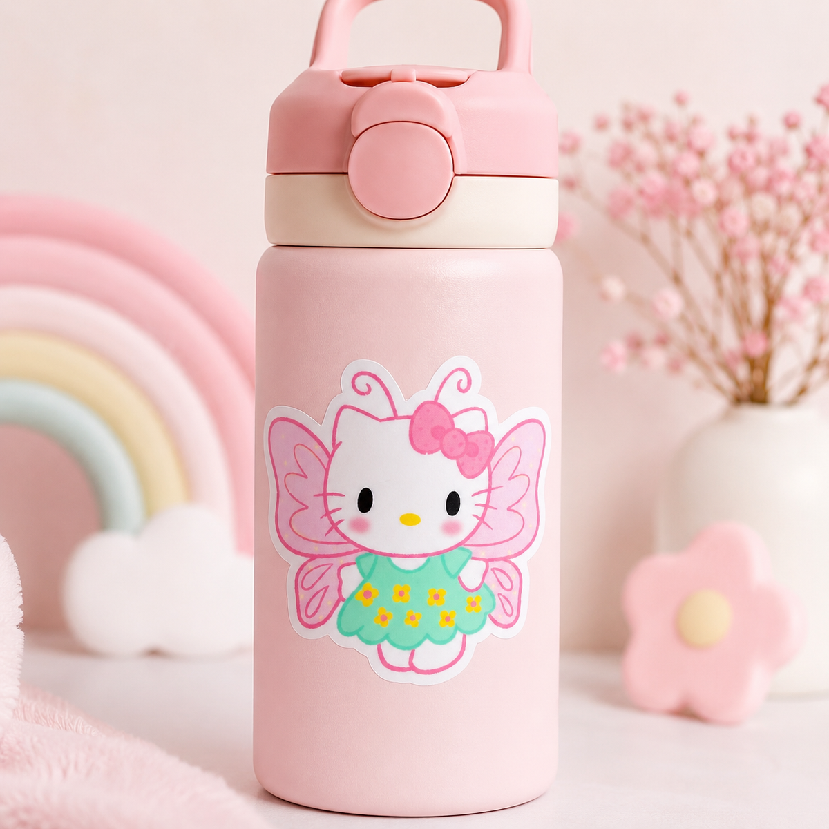 HK Fairy Sticker – Pink Kawaii Butterfly Cat Vinyl Sticker