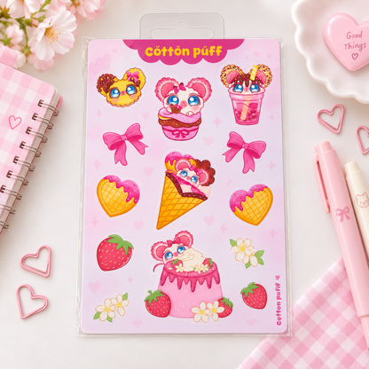 Cotton Puff Strawberry Dessert Waterproof Sticker Sheet | Cute Kawaii Vinyl Stickers