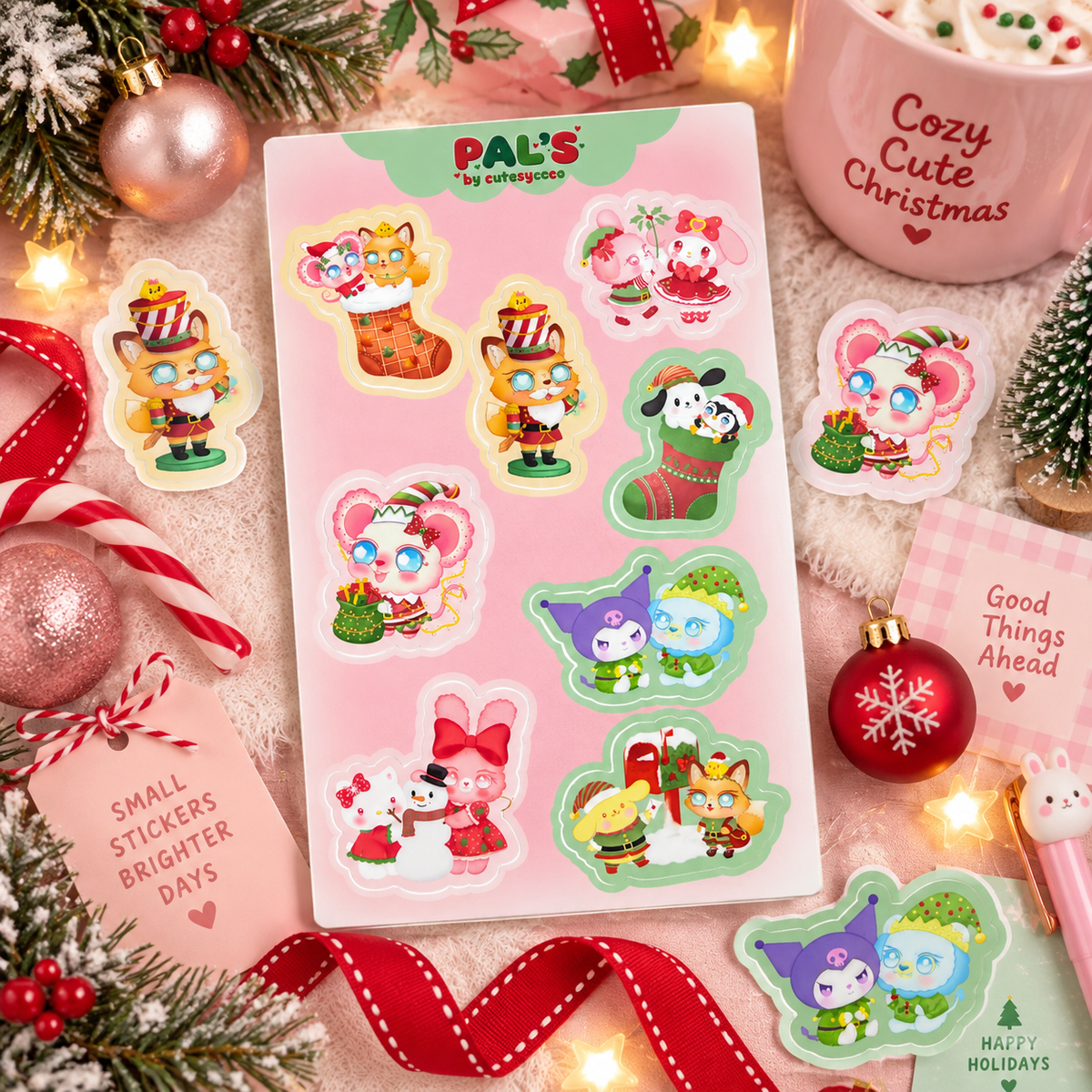 Christmas Friends Waterproof Sticker Sheet | Cute Holiday Vinyl Stickers | Festive Kawaii Planner Stickers