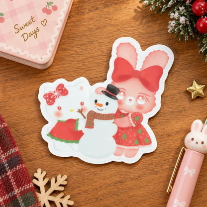 Kitty & Bunny Christmas Sticker – Kawaii Holiday Snowman Vinyl Decal