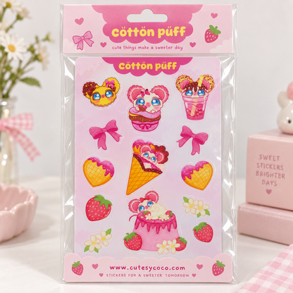 Cotton Puff Strawberry Dessert Waterproof Sticker Sheet | Cute Kawaii Vinyl Stickers