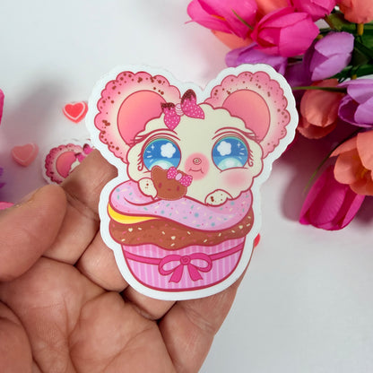 Kawaii Cupcake Mouse Vinyl Sticker – Cute Pink Dessert Animal Waterproof Decal for Laptop, Water Bottle & Planner