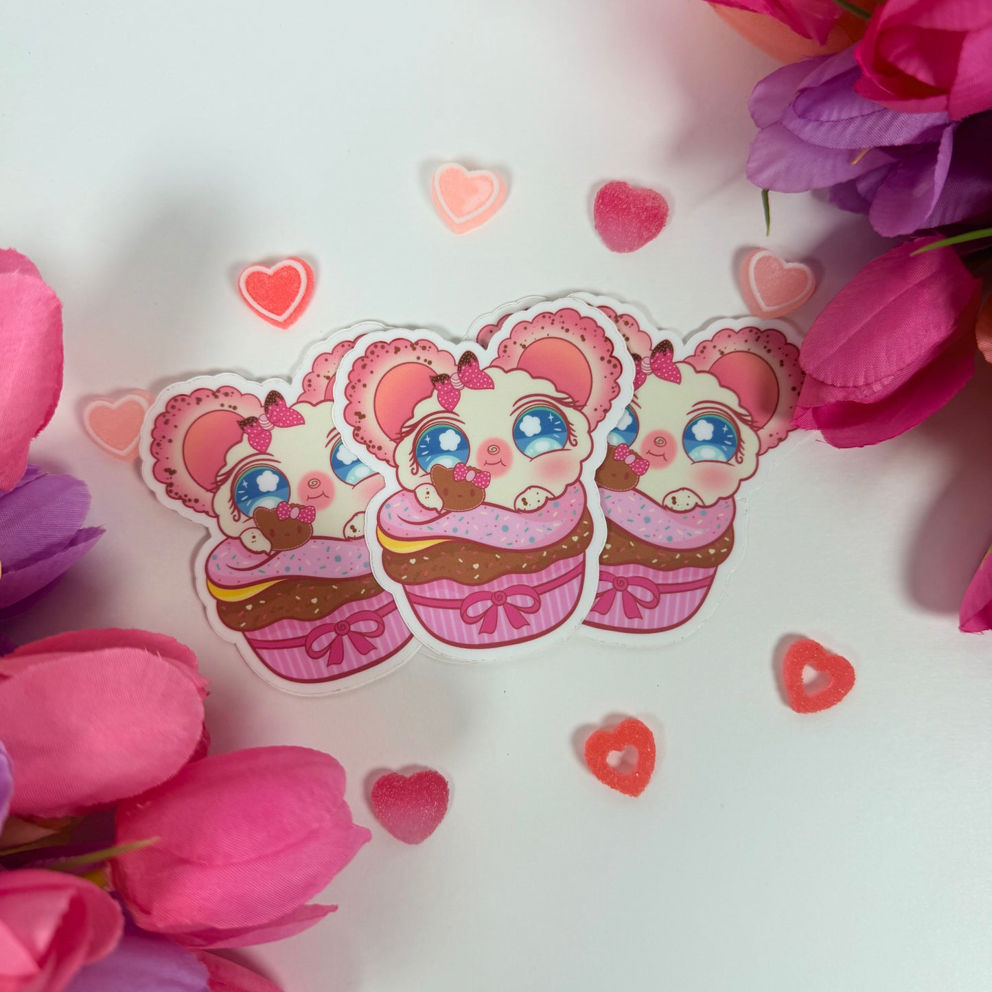 Kawaii Cupcake Mouse Vinyl Sticker – Cute Pink Dessert Animal Waterproof Decal for Laptop, Water Bottle & Planner