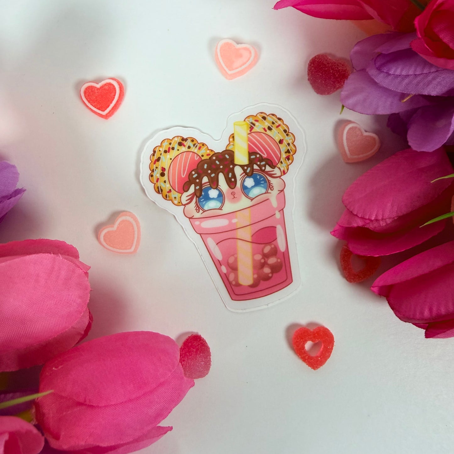 Kawaii Pink Boba Mouse Vinyl Sticker – Cute Waterproof Bubble Tea Dessert Decal