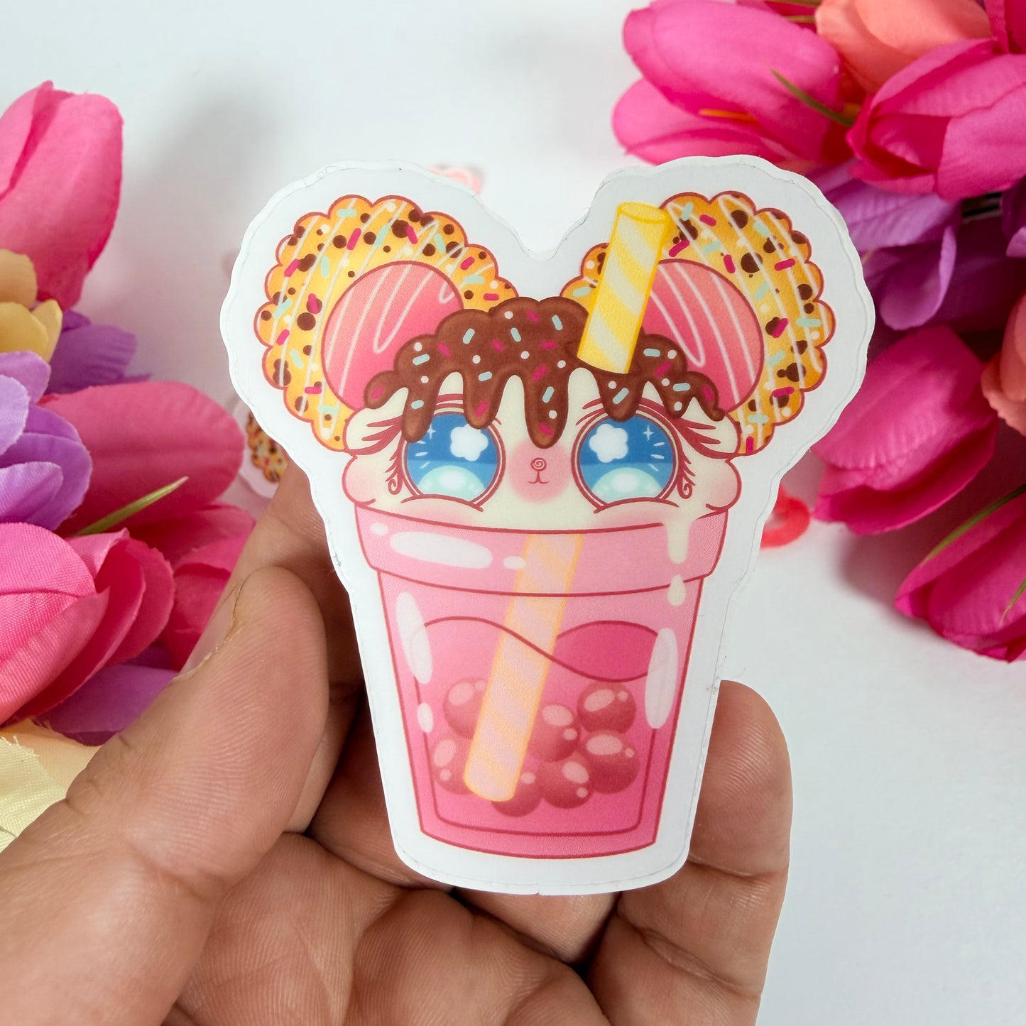 Kawaii Pink Boba Mouse Vinyl Sticker – Cute Waterproof Bubble Tea Dessert Decal