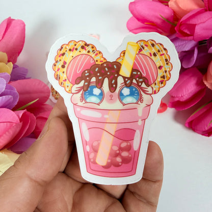 Kawaii Pink Boba Mouse Vinyl Sticker – Cute Waterproof Bubble Tea Dessert Decal
