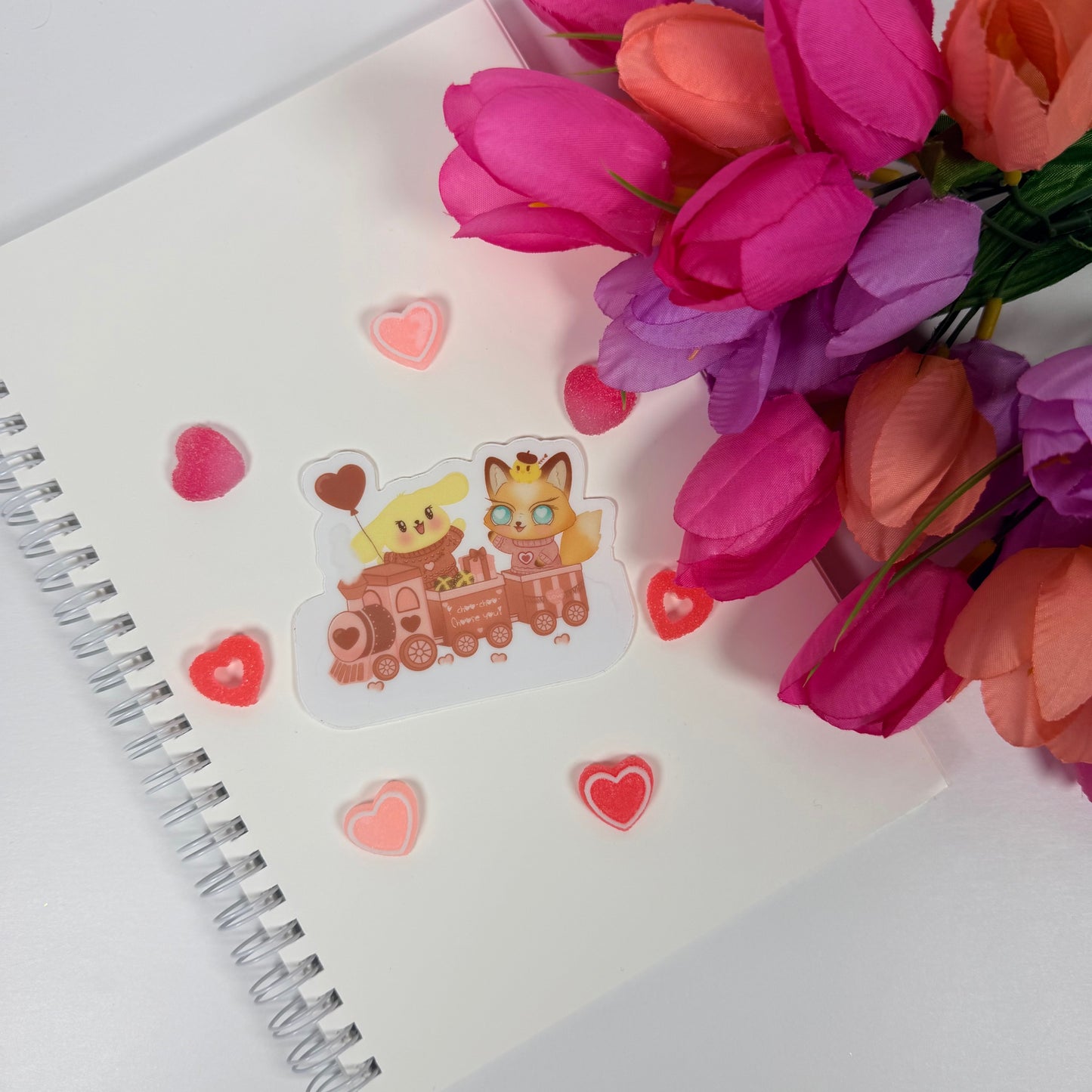 Kawaii Valentine Love Train Vinyl Sticker – Cute Pastel Fox & Puppy Waterproof Decal