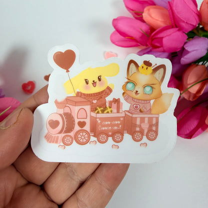 Kawaii Valentine Love Train Vinyl Sticker – Cute Pastel Fox & Puppy Waterproof Decal