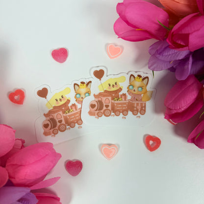 Kawaii Valentine Love Train Vinyl Sticker – Cute Pastel Fox & Puppy Waterproof Decal