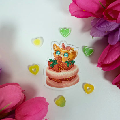 Kawaii Strawberry Fox Vinyl Sticker – Cute Pastel Dessert Waterproof Decal