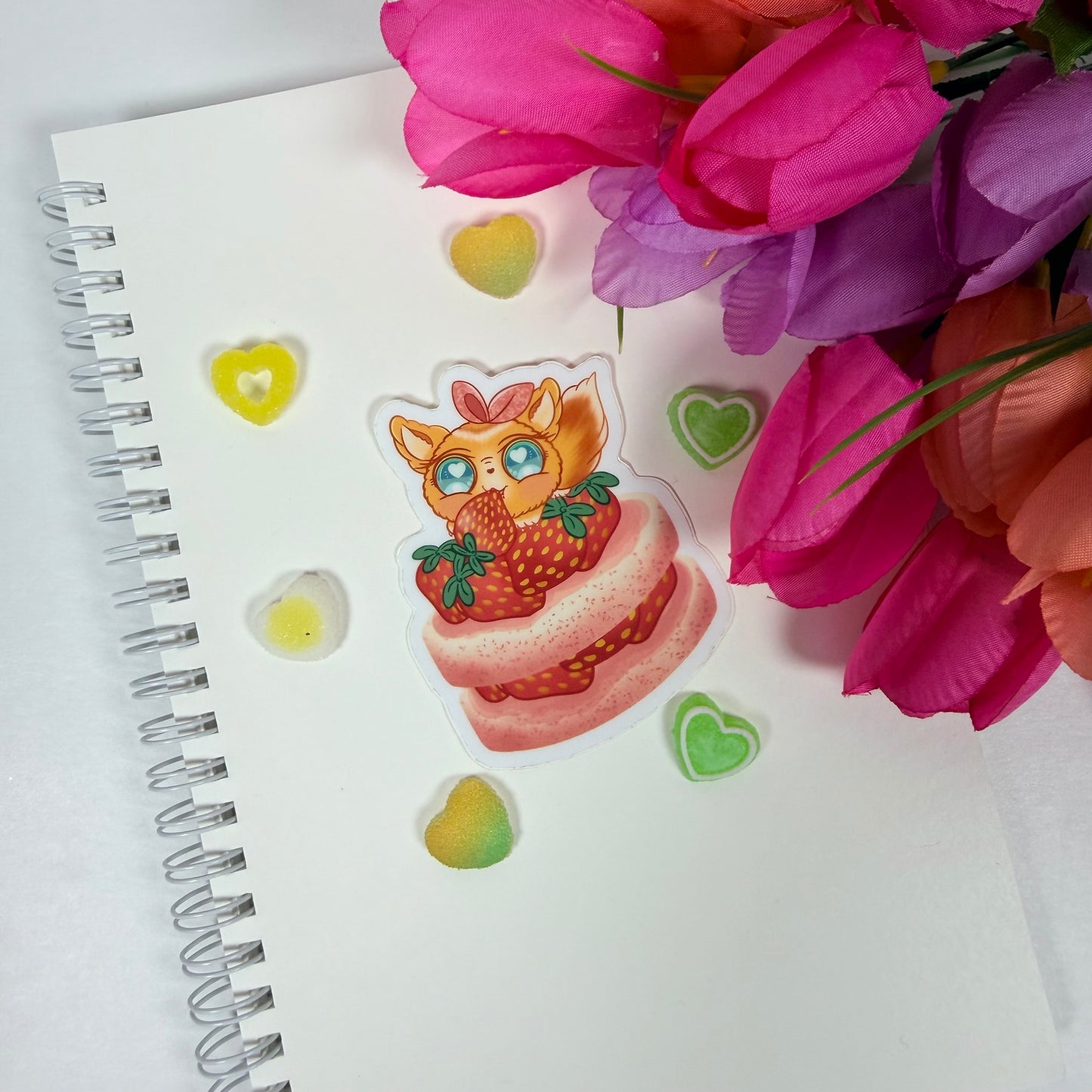 Kawaii Strawberry Fox Vinyl Sticker – Cute Pastel Dessert Waterproof Decal