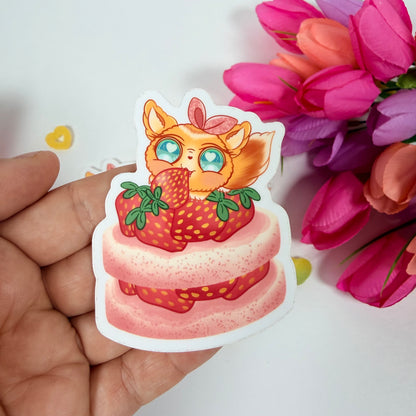 Kawaii Strawberry Fox Vinyl Sticker – Cute Pastel Dessert Waterproof Decal