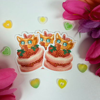 Kawaii Strawberry Fox Vinyl Sticker – Cute Pastel Dessert Waterproof Decal