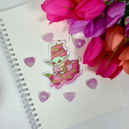 Kawaii Space Baby Grogu Alien Dragon Fruit Boba Vinyl Sticker – Cute Waterproof Pastel Sci-Fi Decal