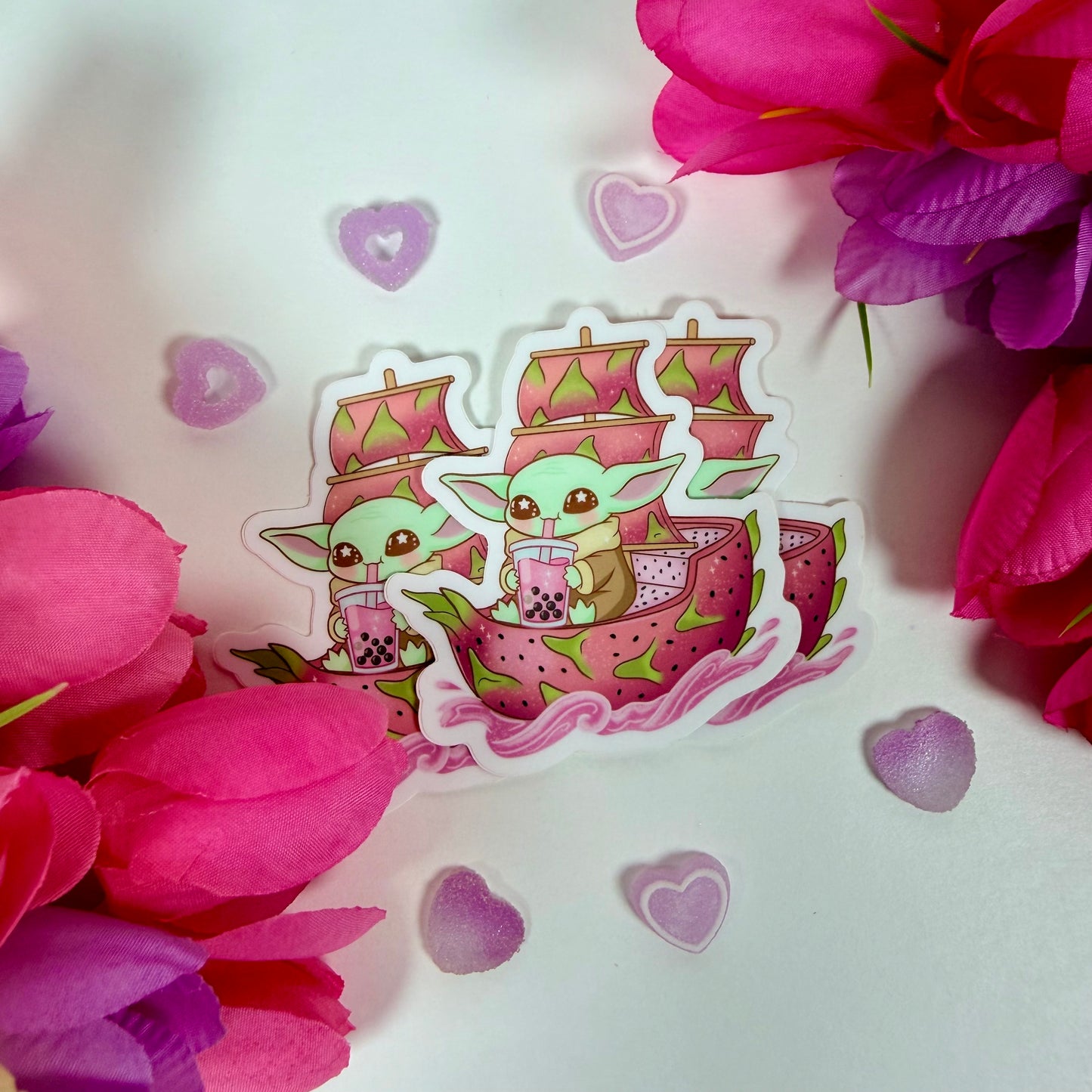 Kawaii Space Baby Grogu Alien Dragon Fruit Boba Vinyl Sticker – Cute Waterproof Pastel Sci-Fi Decal
