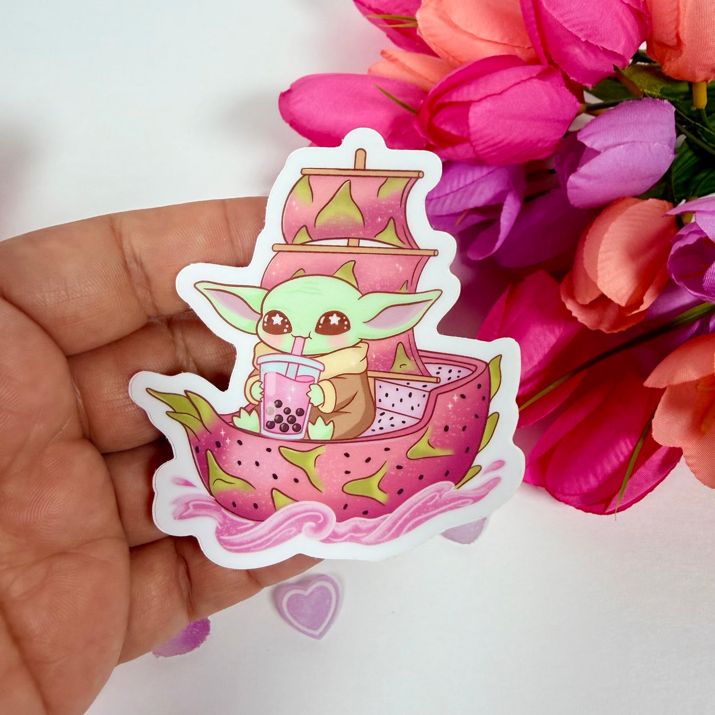 Kawaii Space Baby Grogu Alien Dragon Fruit Boba Vinyl Sticker – Cute Waterproof Pastel Sci-Fi Decal