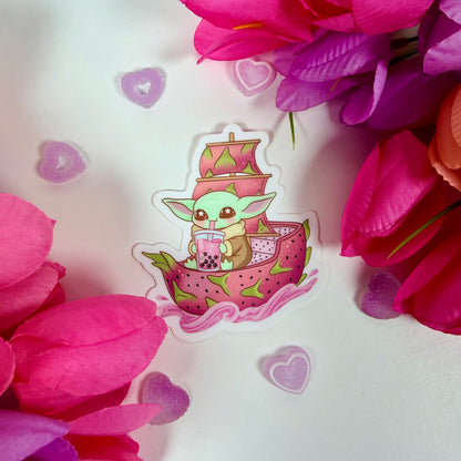 Kawaii Space Baby Grogu Alien Dragon Fruit Boba Vinyl Sticker – Cute Waterproof Pastel Sci-Fi Decal