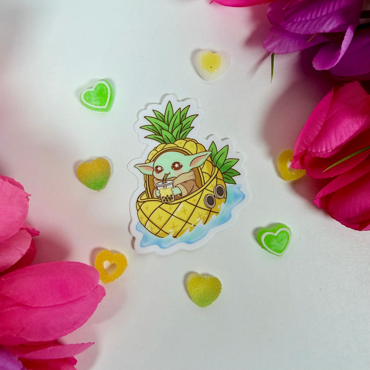 Kawaii Pineapple Baby yoda  Grogu Boba Vinyl Sticker – Cute Tropical Waterproof Pastel Decal