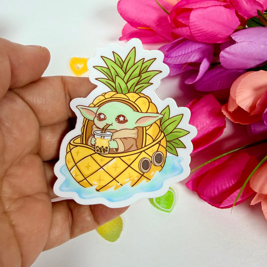 Kawaii Pineapple Baby yoda  Grogu Boba Vinyl Sticker – Cute Tropical Waterproof Pastel Decal