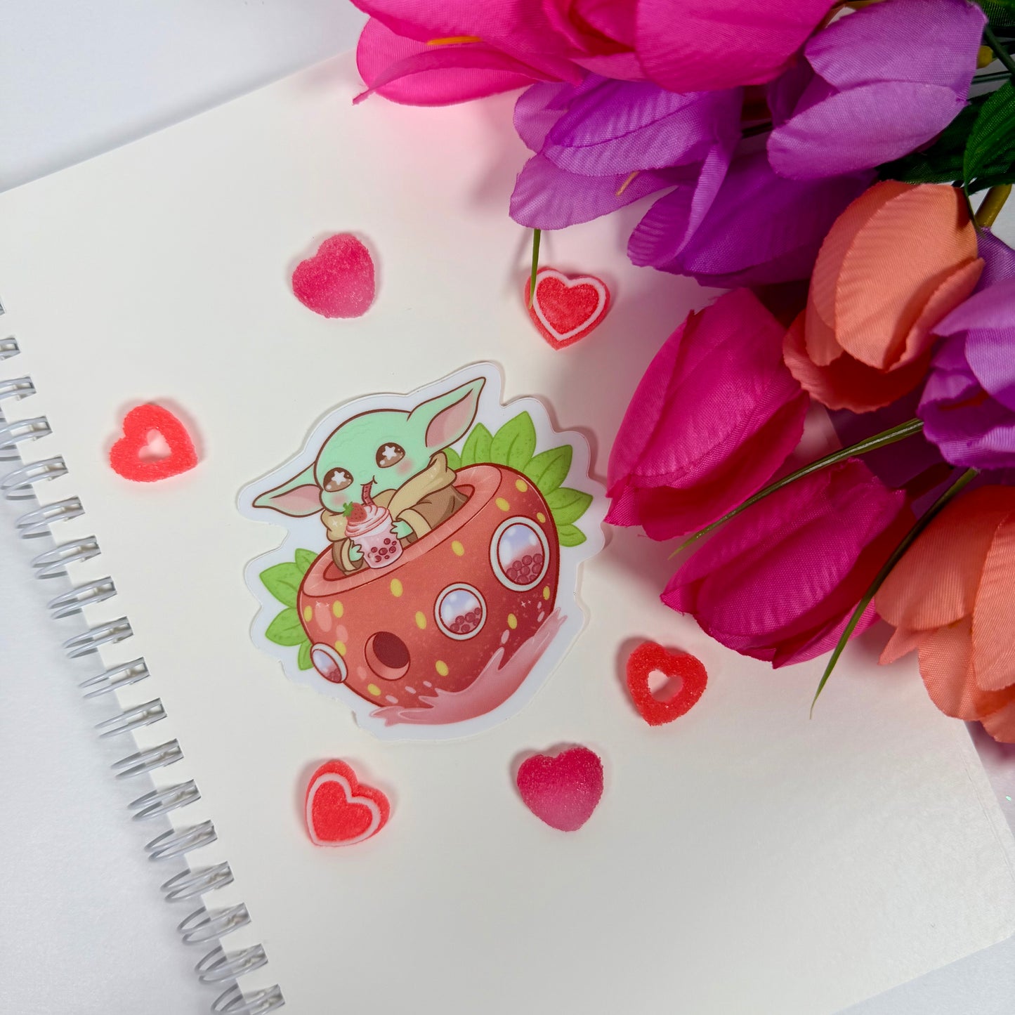Kawaii Strawberry baby yoda  Boba Vinyl Sticker – Cute Pastel Waterproof Space Decal