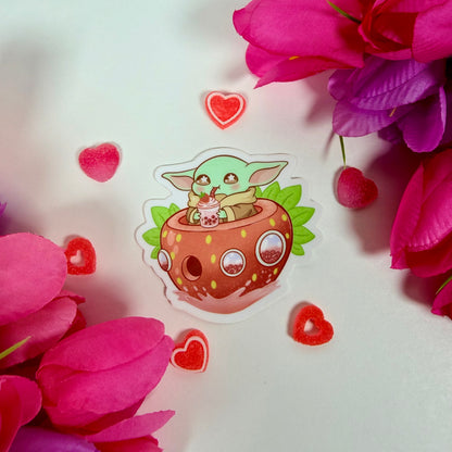 Kawaii Strawberry baby yoda  Boba Vinyl Sticker – Cute Pastel Waterproof Space Decal