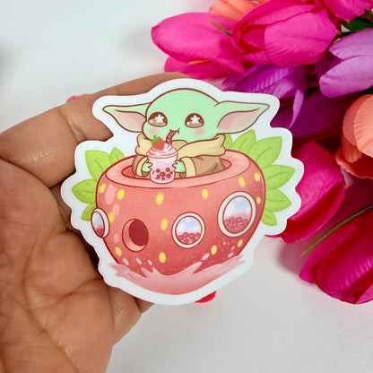 Kawaii Strawberry baby yoda  Boba Vinyl Sticker – Cute Pastel Waterproof Space Decal