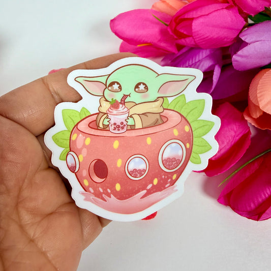 Kawaii Strawberry baby yoda  Boba Vinyl Sticker – Cute Pastel Waterproof Space Decal
