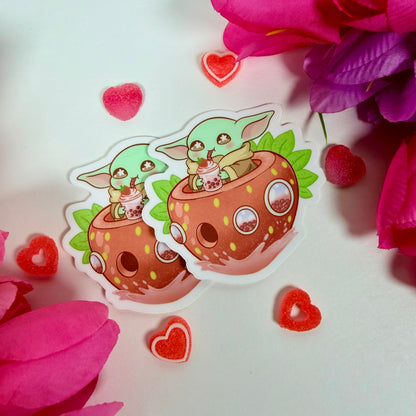 Kawaii Strawberry baby yoda  Boba Vinyl Sticker – Cute Pastel Waterproof Space Decal