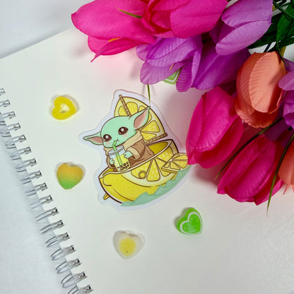 Kawaii Lemon baby yoda  Boba Vinyl Sticker – Cute Citrus Waterproof Pastel Decal